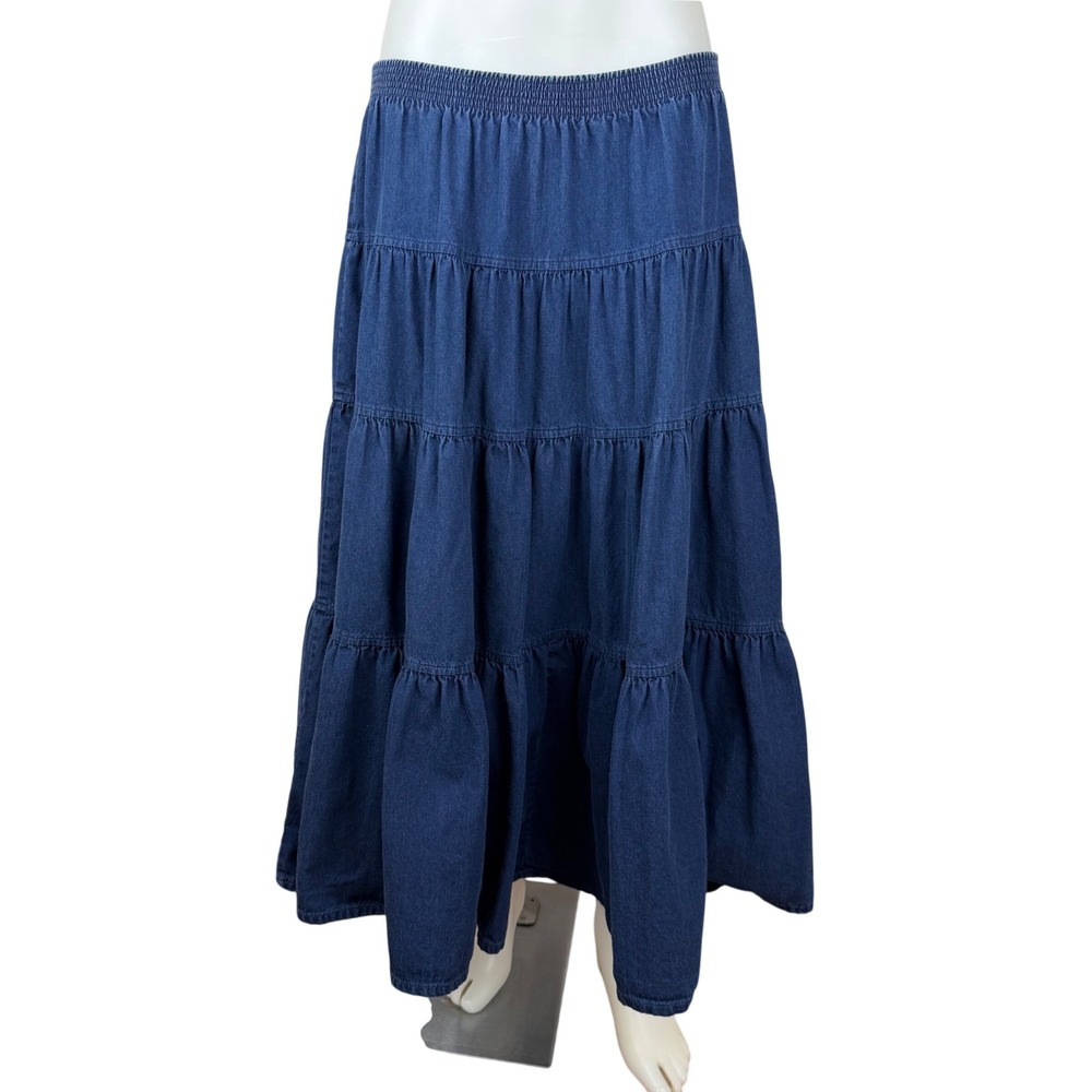 Vintage Blue Denim Tiered Maxi Skirt Elastic  Made in USA Fit L/XL